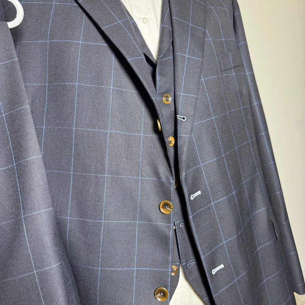 Custom Tailored 3-Piece Suit Mens 54L 50x34 Blue Windowpane Worsted Wool England